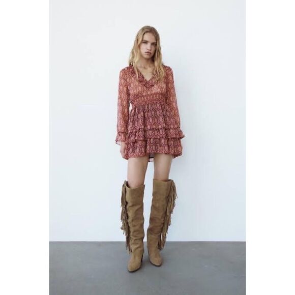 Zara Ruffled Printed Metallic Long Sleeve Mini Dress, Size Small - Picture 2 of 15